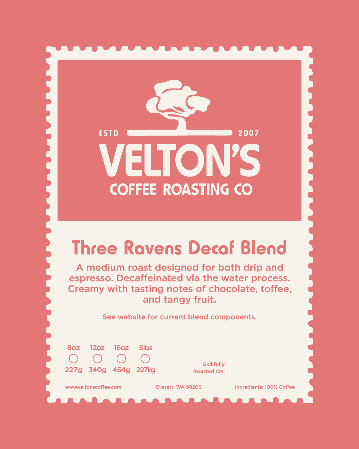 Velton's Coffee Roasting Co. coffee blend packaging on a pink background