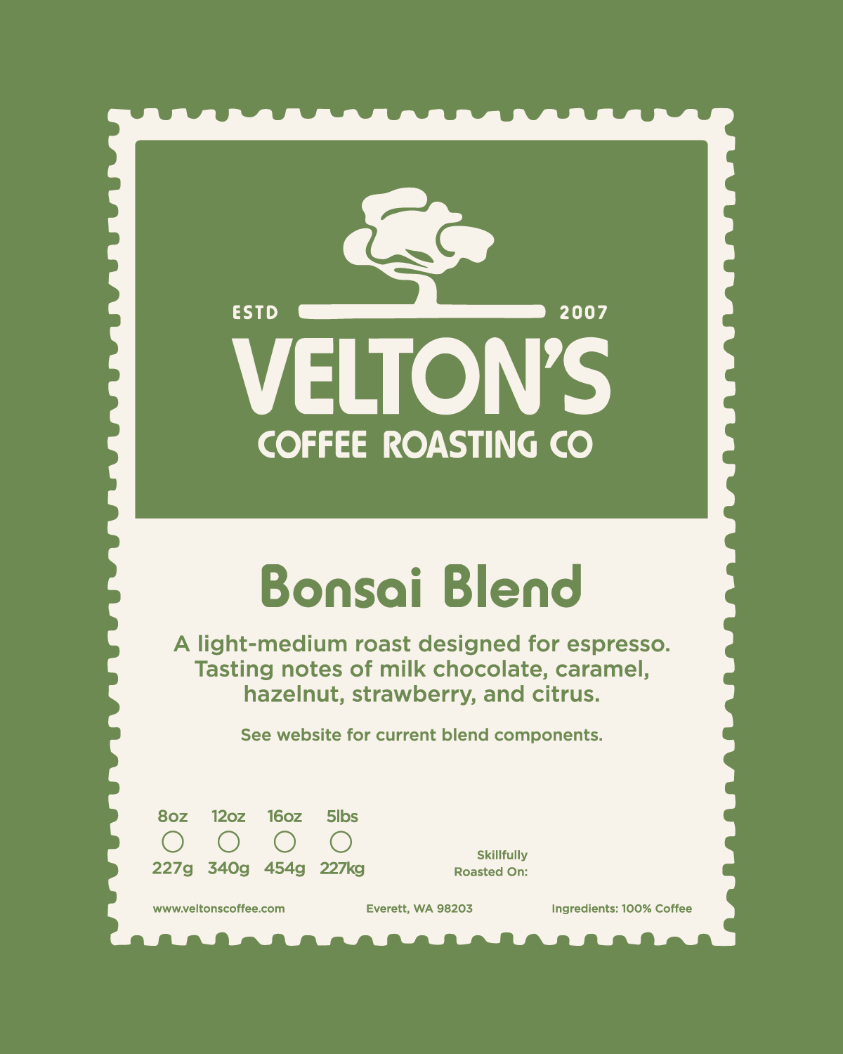 Velton's Coffee Roasting Co. Bonsai Blend coffee package on a green background