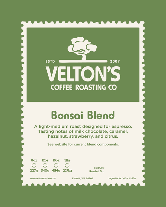Velton's Coffee Roasting Co. Bonsai Blend coffee package on a green background