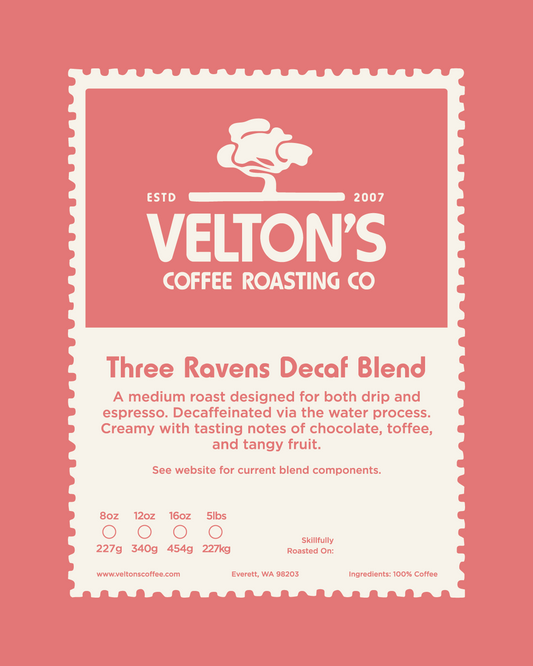 Velton's Coffee Roasting Co. coffee blend packaging on a pink background