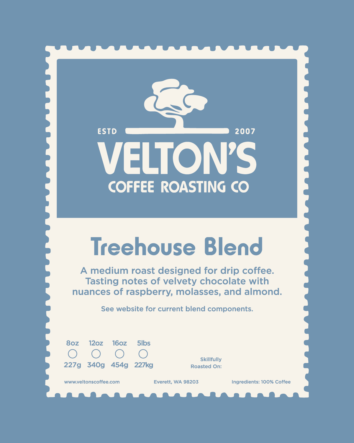 Velton's Coffee Roasting Co Treehouse Blend packaging on a blue background