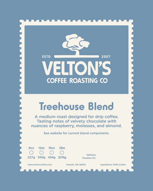 Velton's Coffee Roasting Co Treehouse Blend packaging on a blue background