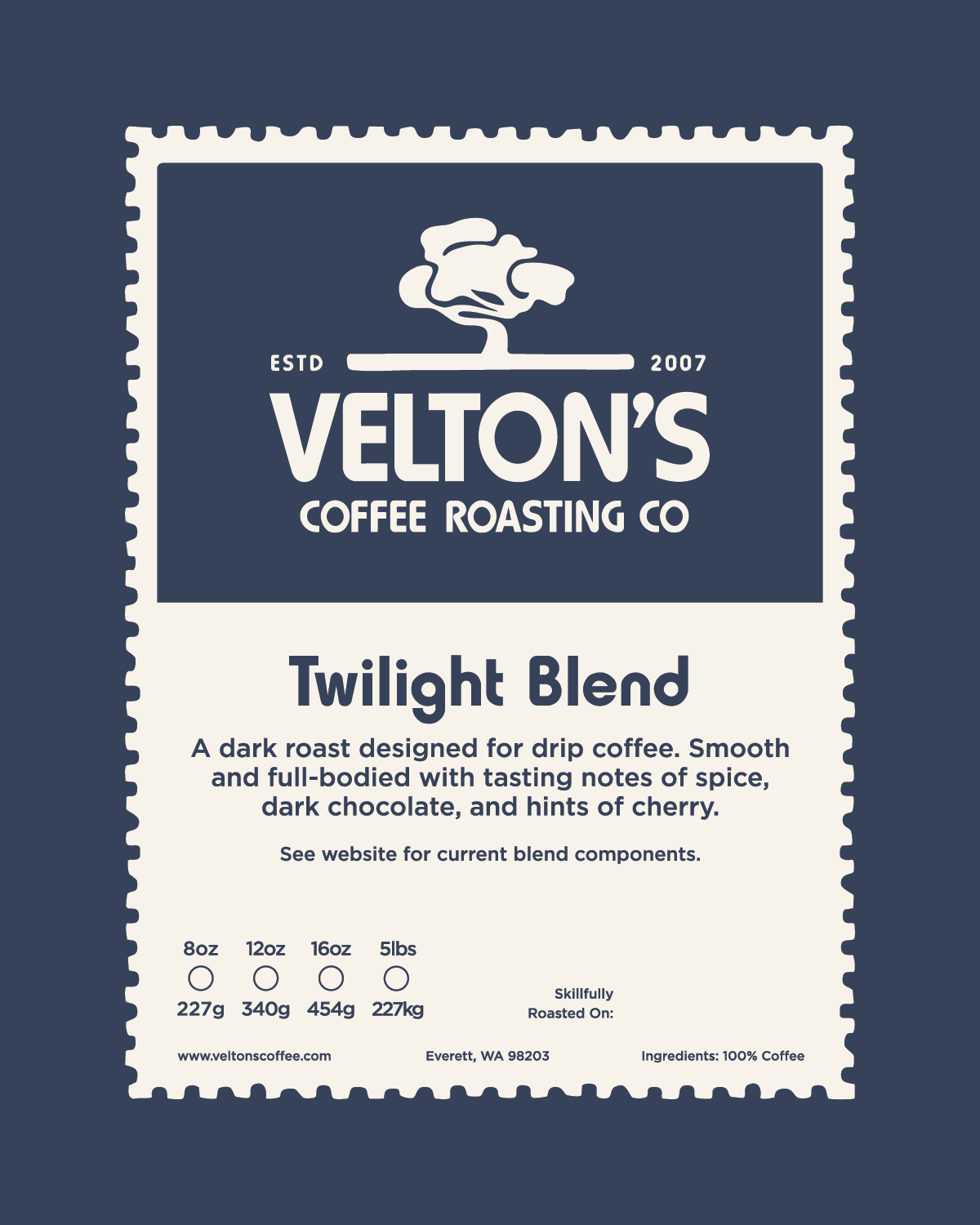 Velton's Coffee Roasting Co. Twilight Blend coffee package on a dark blue background